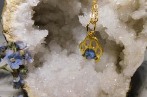 Paw Print Charm Necklace - Gold/ Blue "Forget Me Not" Flower